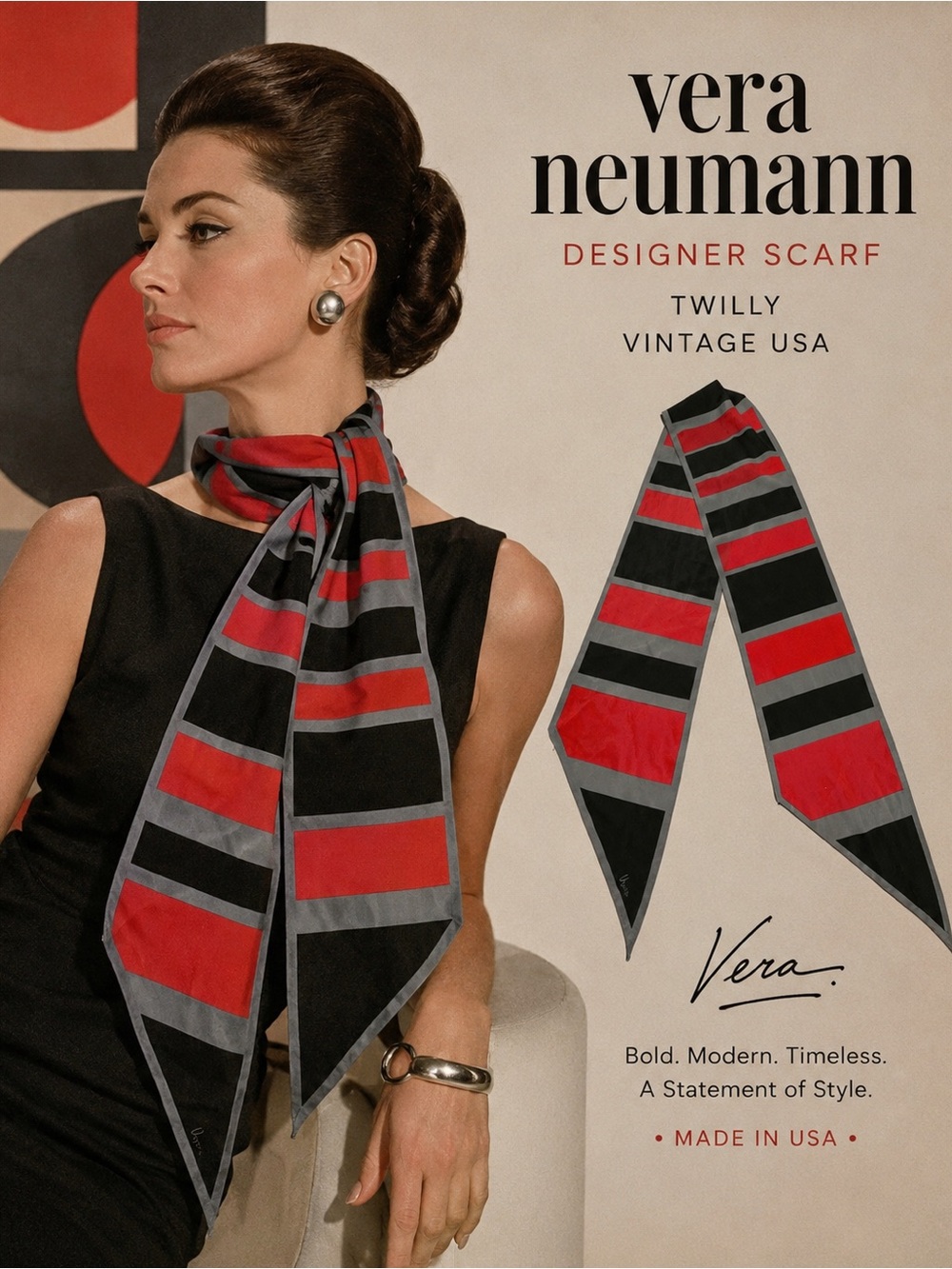 Vera Neumann Designer Scarf Twilly Red Gray Black Striped Vintage USA